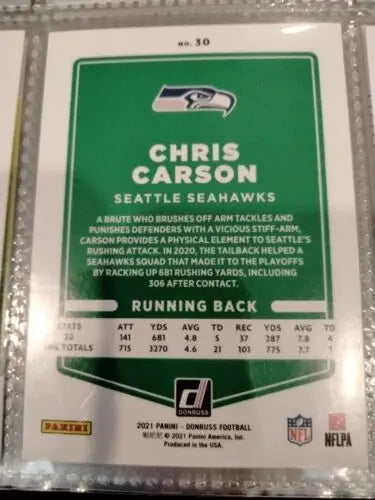 Chris Carson 2021 Panini Donruss Football card featuring Seattle Seahawks star player