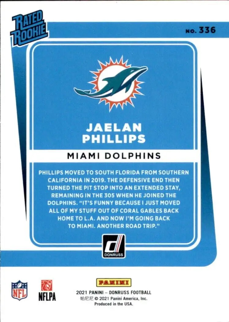 Jaelan Phillips rookie card from 2021 Panini Donruss Miami Dolphins NFL Football #336