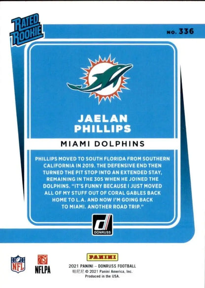 Jaelan Phillips rookie card from 2021 Panini Donruss Miami Dolphins NFL Football #336