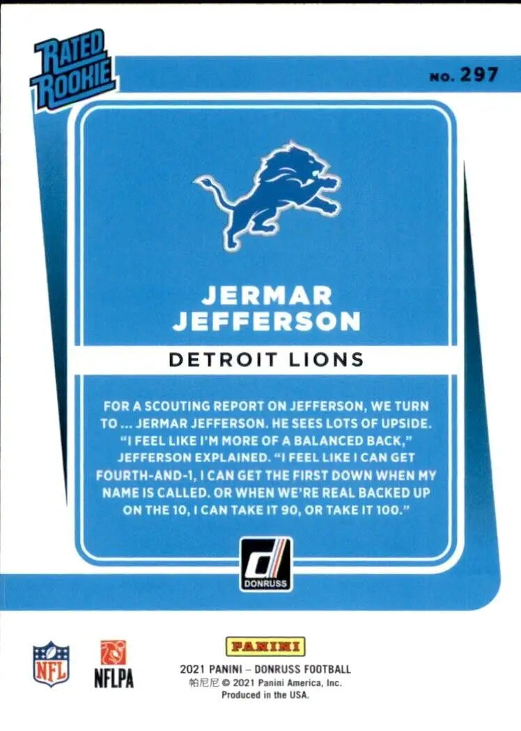 Back of 2021 Panini Donruss Jeramy Jefferson Blue Rookie Detroit Lions Football card