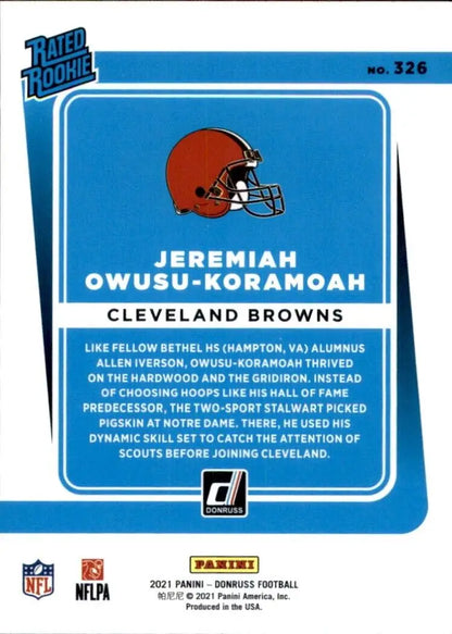 Football trading card featuring Panini Donruss Jeremiah Owusu Koramoah Rookie, Cleveland Browns