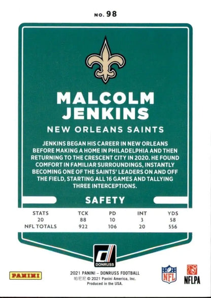 Malcolm Jenkins Blue Football Card from 2021 Panini Donruss New Orleans Saints #98 NM