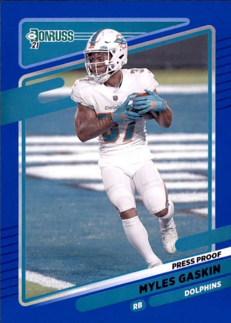 Myles Gaskin Blue Miami Dolphins football card from 2021 Panini Donruss NFL set