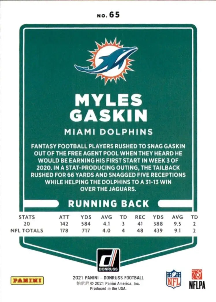 Myles Gaskin Blue Miami Dolphins NFL Football Card 2021 Panini Donruss #65