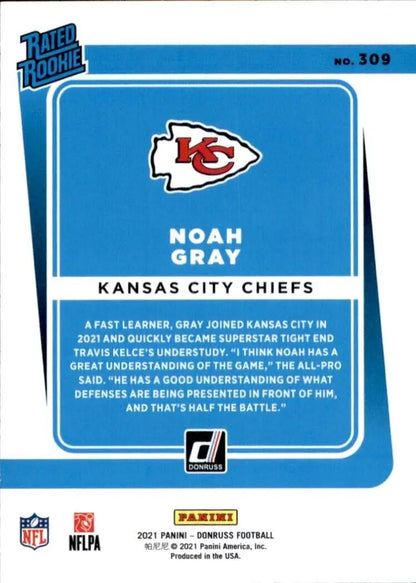 Noah Gray rookie card from 2021 Panini Donruss Kansas City Chiefs #309 football set