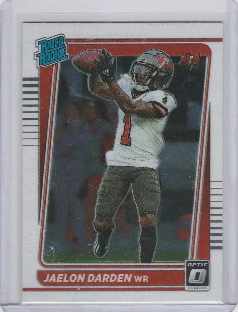 Football trading card of Jaelon Darden catching a pass for Panini Donruss Optic