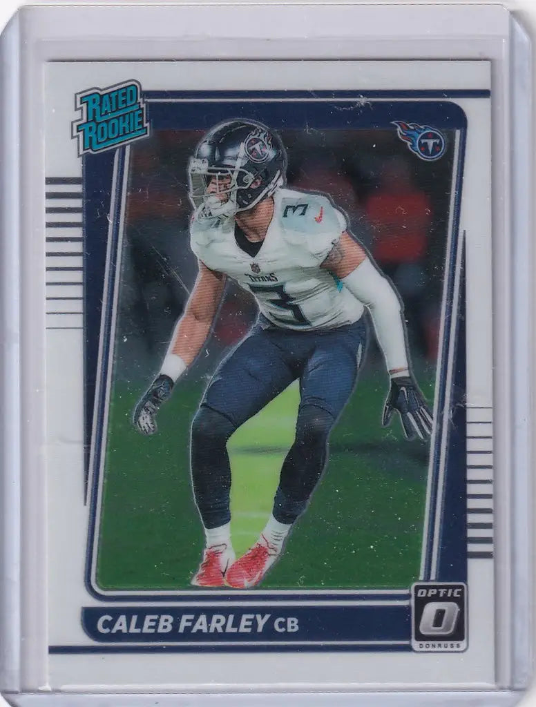 Football trading card of Caleb Farley Tennessee Titans in defensive stance Panini Donruss Optic