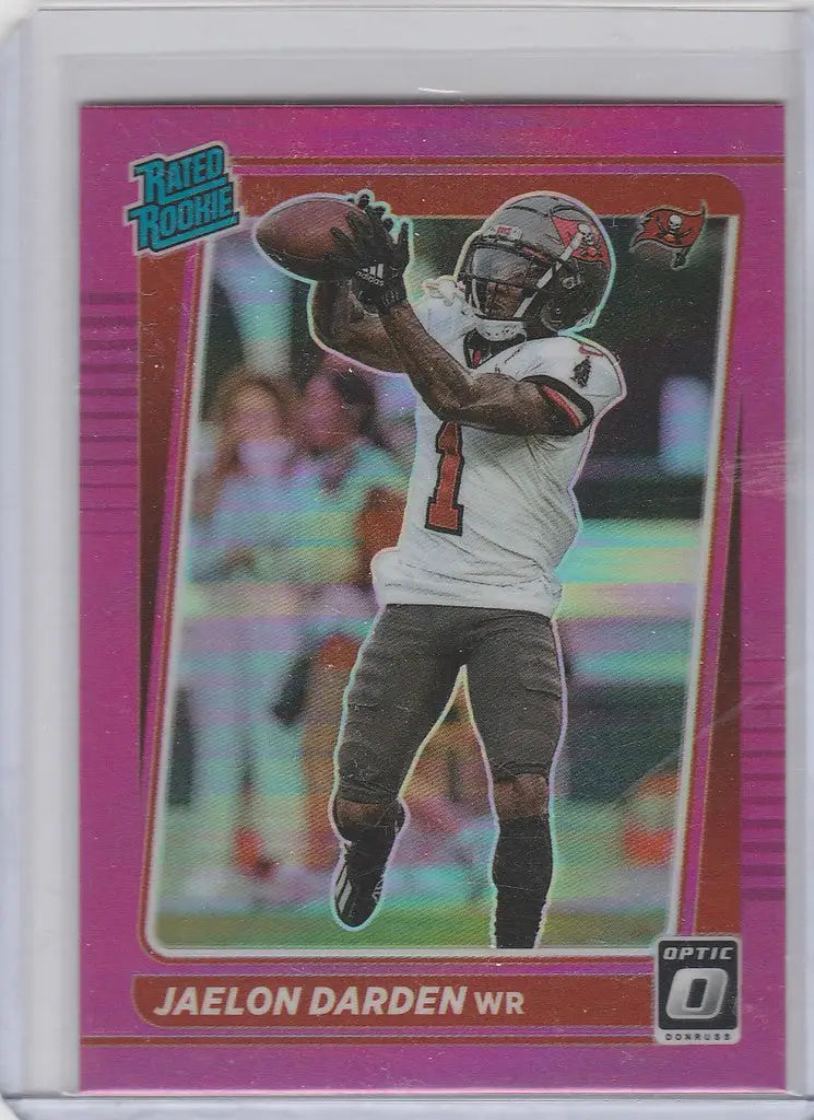 Football trading card of Jaelen Darden in catching pose, featuring Panini Donruss Optic Prizm Pink