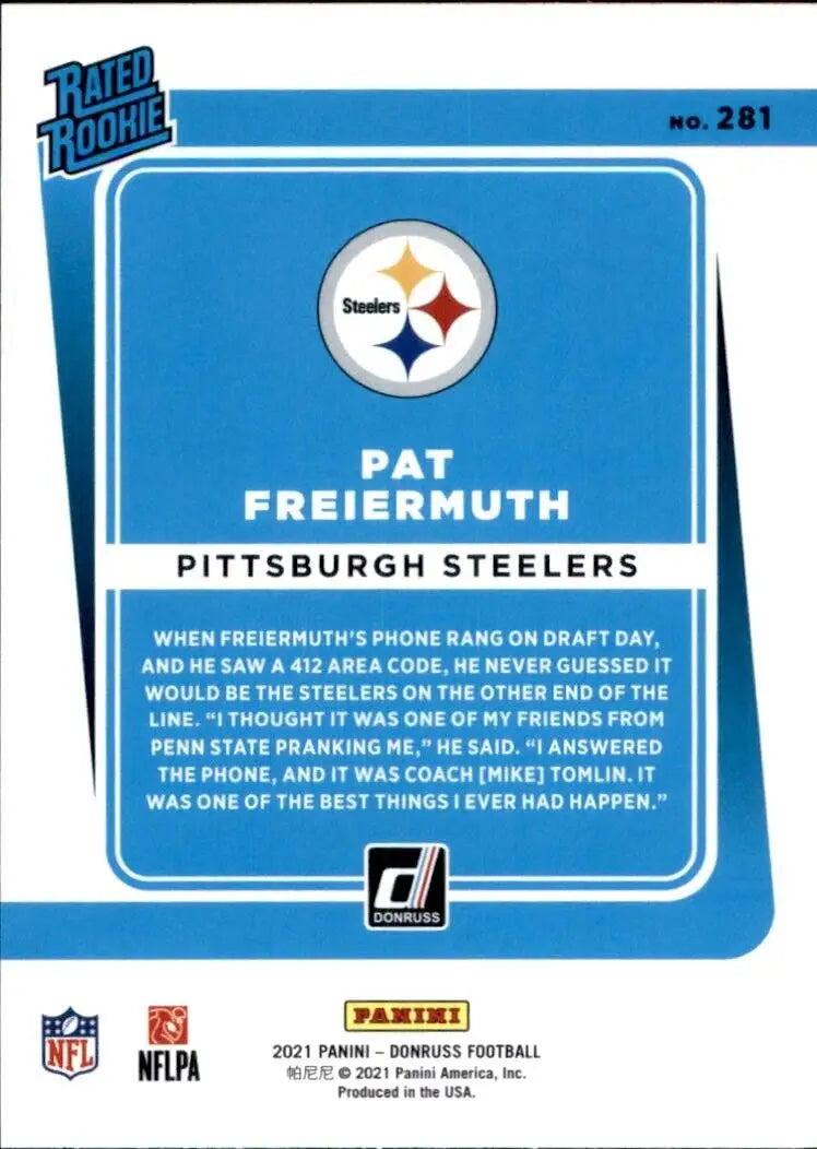 Back of 2021 Panini Donruss Pat Freiermuth Rookie Pittsburgh Steelers Football Card