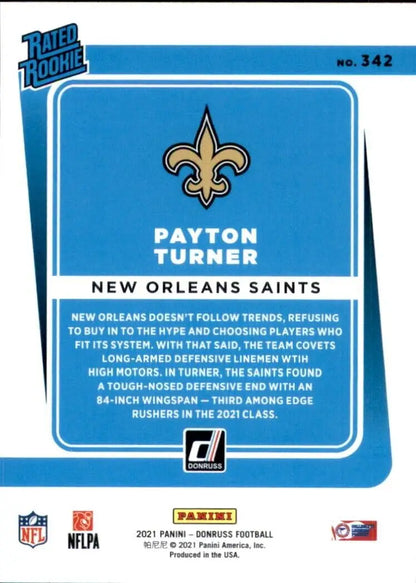 Payton Turner Blue Rookie Card from 2021 Panini Donruss New Orleans Saints NFL