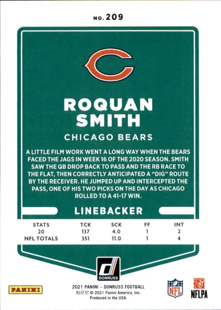 Roquan Smith Red Chicago NFL Football Card from 2021 Panini Donruss #209