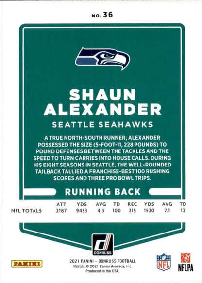 Donruss Shaun Alexander Blue Seattle Seahawks NFL Football Card #36 displayed prominently