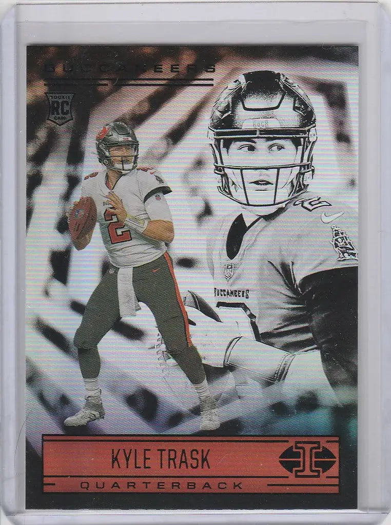 Football trading card of Kyle Trask, Tampa Bay Buccaneers quarterback, in white uniform