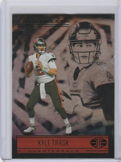 Football trading card of Kyle Trask in white jersey, green pants from Panini Illusions