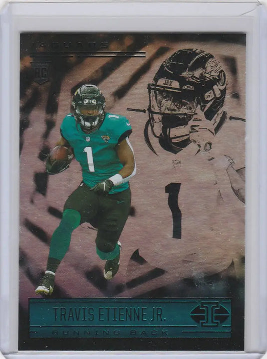 Football trading card of Travis Etienne Jr Jacksonville in 2021 Panini Illusions teal jersey