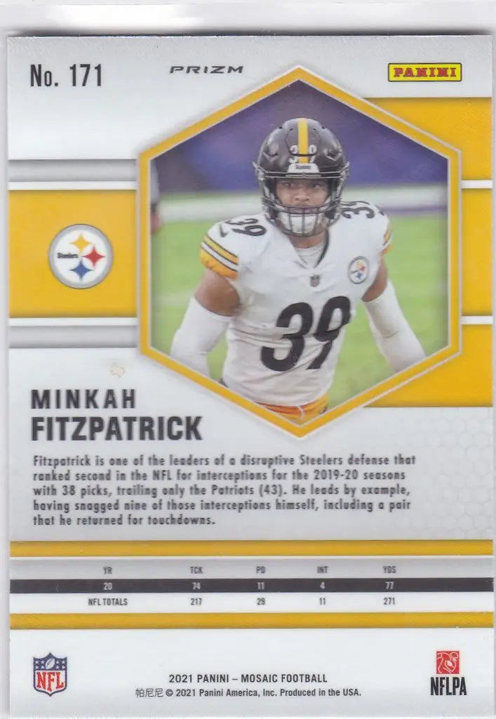 Football trading card of Minkah Fitzpatrick in Silver Prizm for Pittsburgh Steelers