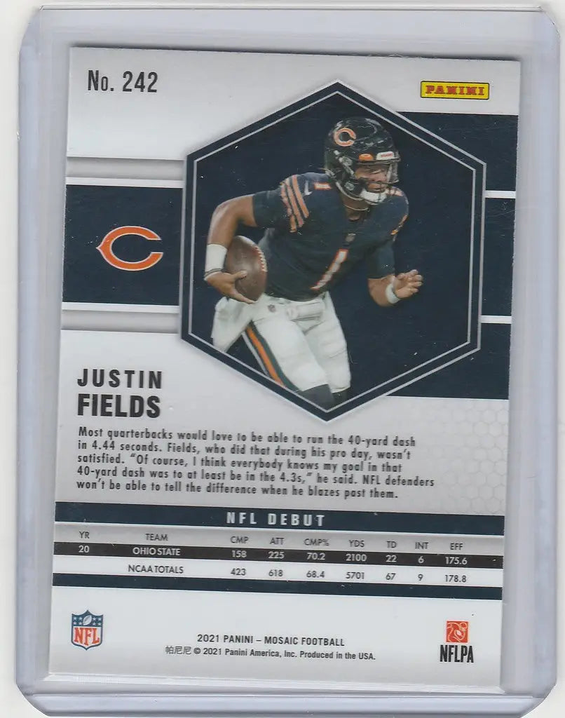 Football trading card of Justin Fields Chicago Bears in navy uniform running with ball