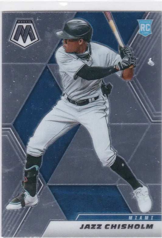 Baseball player in white uniform at bat for Panini Mosaic Jazz Chisholm Miami Marlins RC