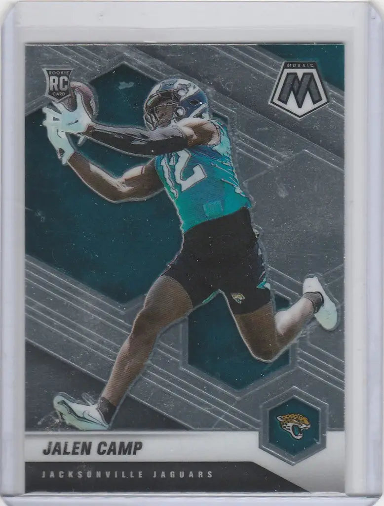 Jalen Camp catching a pass on 2021 Panini Mosaic card for Jacksonville Jaguars