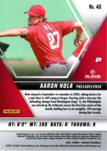 Aaron Nola baseball card from 2021 Panini Mosaic with original gloss, Phillies ID:45033