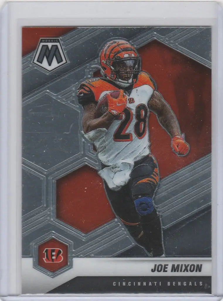 Football trading card of Joe Mixon Cincinnati running with the ball in Panini Mosaic design