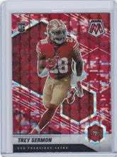 Football trading card of Trey Sermon in San Francisco 49ers Panini Mosaic Pink Prizm