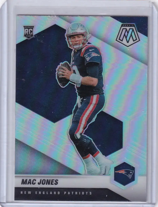 Football trading card of Mac Jones in a throwing stance for New England Patriots Panini Mosaic Prizm