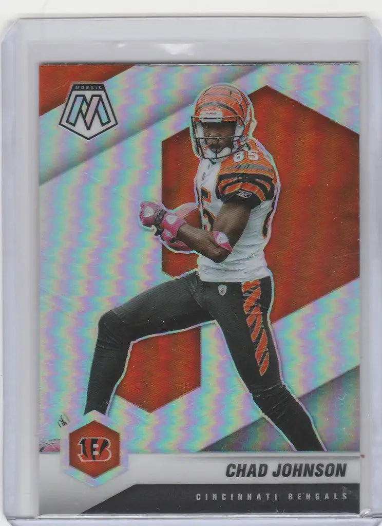 Football trading card of Chad Johnson Cincinnati Bengals in action, Panini Mosaic Prizm