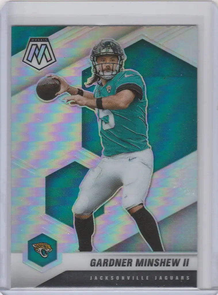 Football trading card of Gardner Minshew Jacksonville Jaguars in throwing pose, Panini Mosaic Prizm