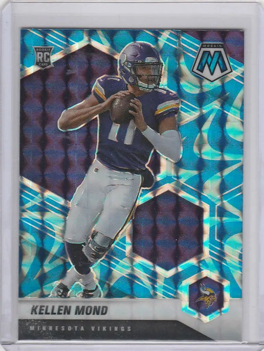 Football trading card of Kellen Mond Minnesota Vikings in a throwing stance, Mosaic Prizm Blue