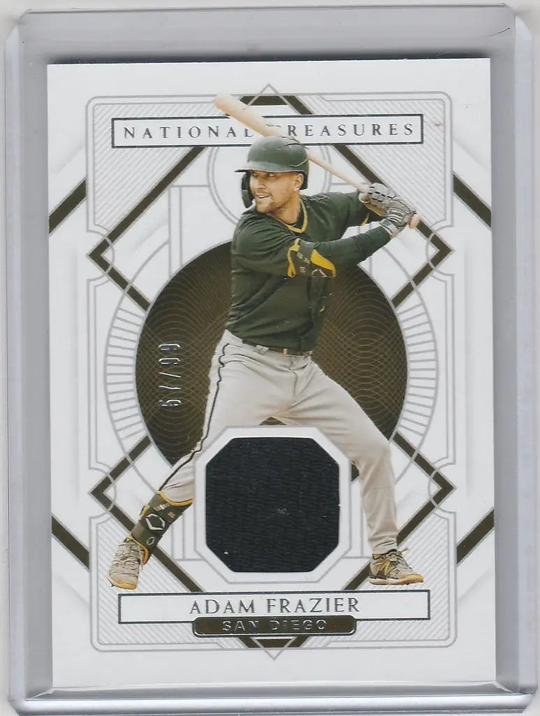 Baseball trading card of Adam Frazier in green uniform from Panini National Treasures Relic