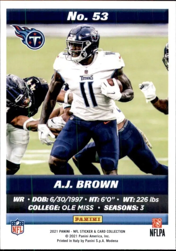 A.J. Brown football card from 2021 Panini NFL Sticker and Card, Tennessee Titans #53