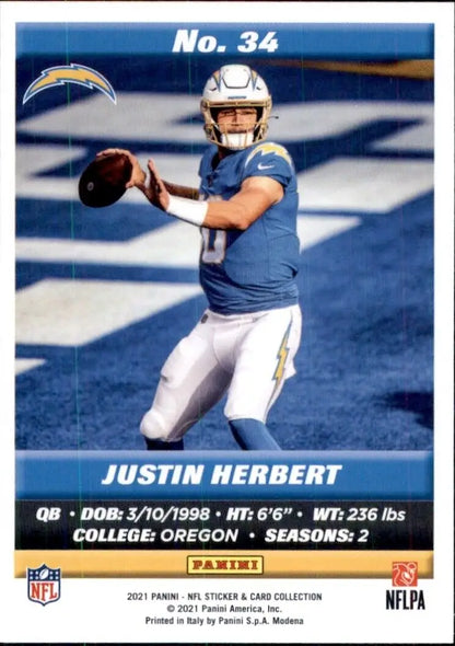 Justin Herbert football card from 2021 Panini NFL Sticker and Card collection