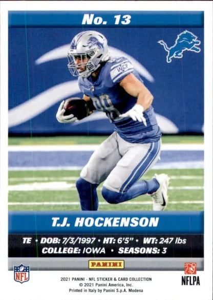 T.J. Hockenson Football card from 2021 Panini NFL Sticker Detroit Lions #13 Base