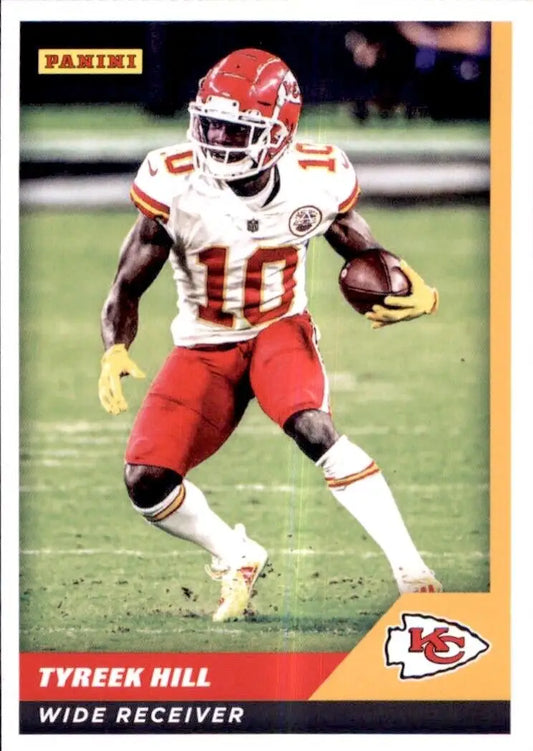 Kansas City Chiefs player in red uniform running with ball on Panini NFL sticker