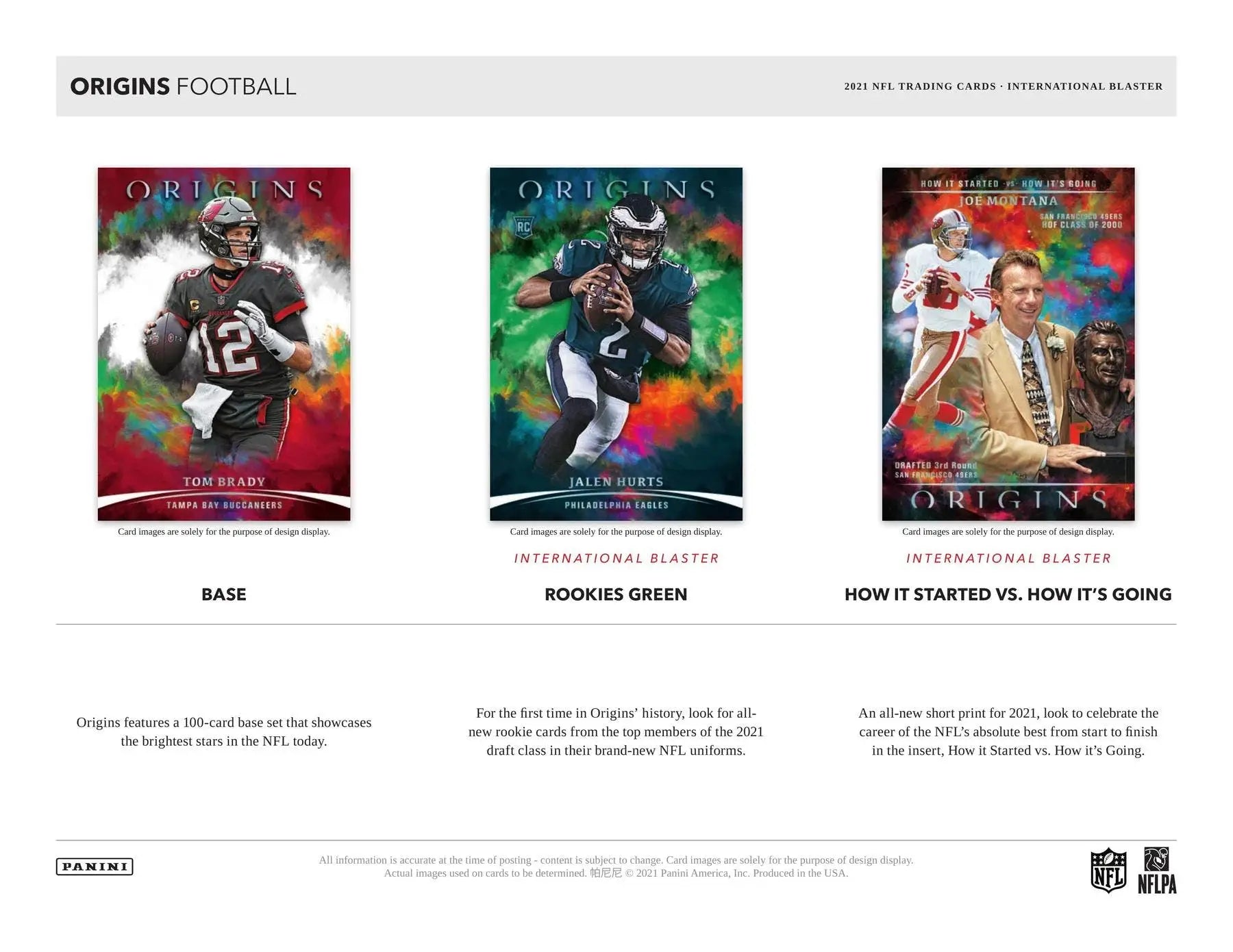 Three NFL trading card designs from Origins Football showcasing dynamic player action