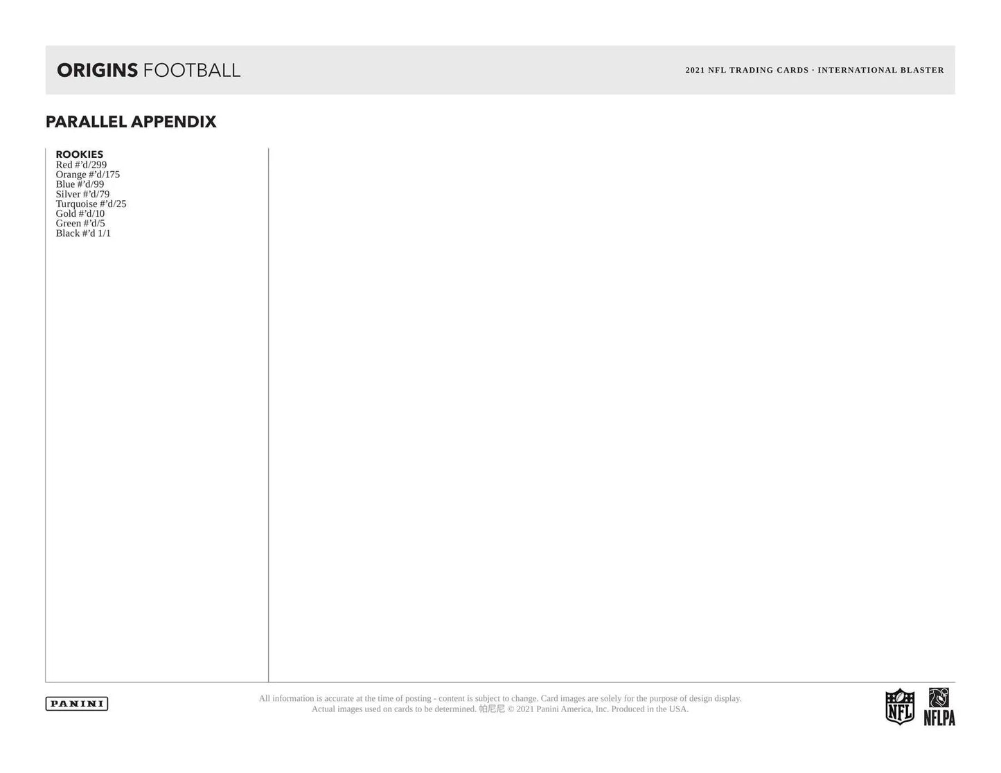 Blank form template for 2021 Panini Origins Football featuring rookie autographs