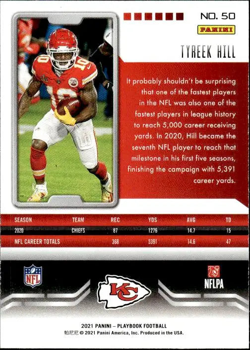 Football trading card of Tyreek Hill running with ball for Kansas City Chiefs in red uniform