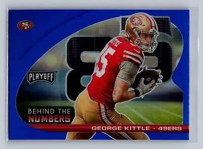 Blue-bordered NFL trading card of George Kittle in red jersey running with football