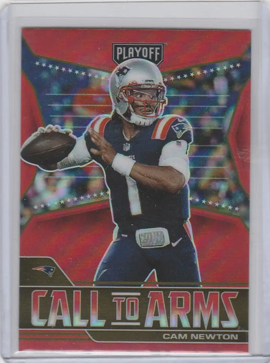 Football trading card of CACNE Cam Newton in throwing pose, Panini Playoff Red Prizm