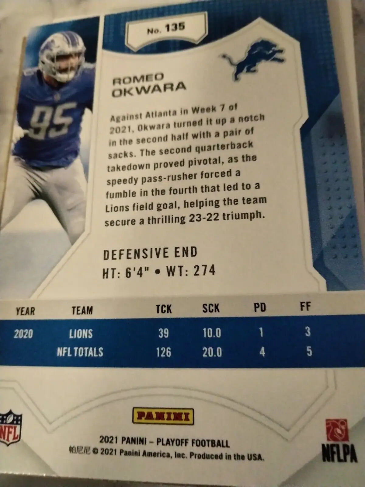 2021 Panini Playoff Romeo Okwara football card for Detroit Lions #135