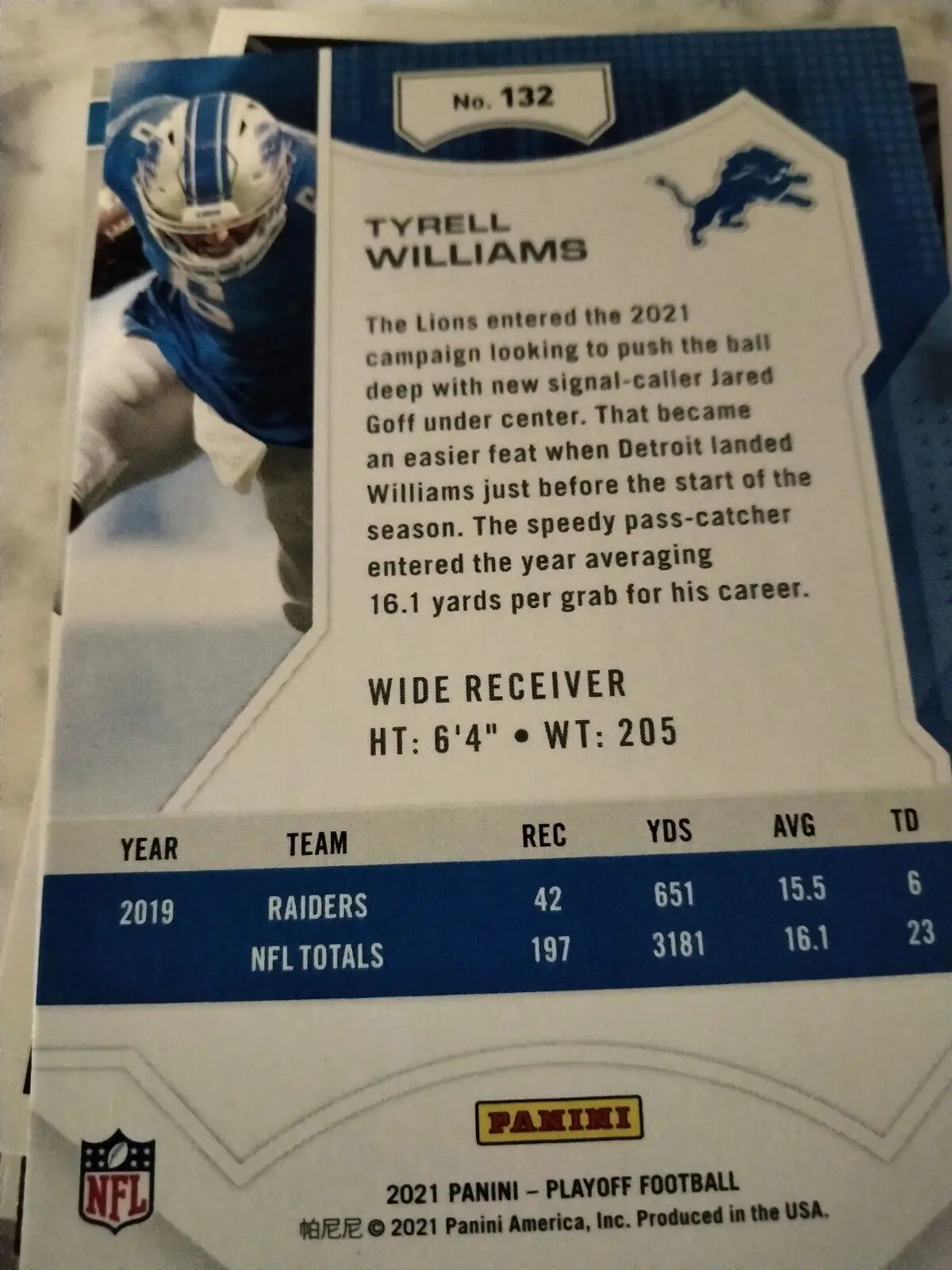 Panini Playoff Tyrell Williams Detroit Lions NFL football card in excellent condition