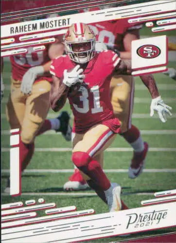 Raheem Mostert football card from 2021 Panini Prestige features original gloss quality