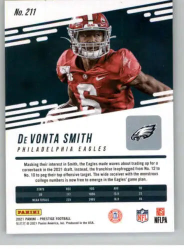 DeVonta Smith football card 2021 Panini Prestige RC with original gloss for collectors