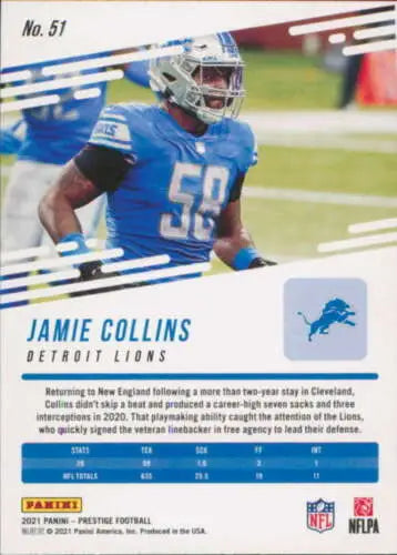 Jamie Collins football card from 2021 Panini Prestige featuring original gloss finish