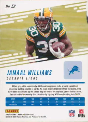 2021 Panini Prestige #52 Jamaal Williams football card with original gloss from Lions