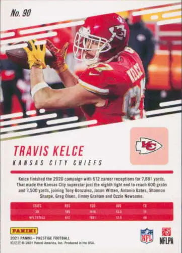 Travis Kelce 2021 Panini Prestige card with original gloss, NM-MT condition