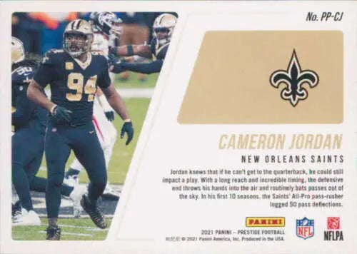 Cameron Jordan football card from 2021 Panini Prestige with original gloss finish