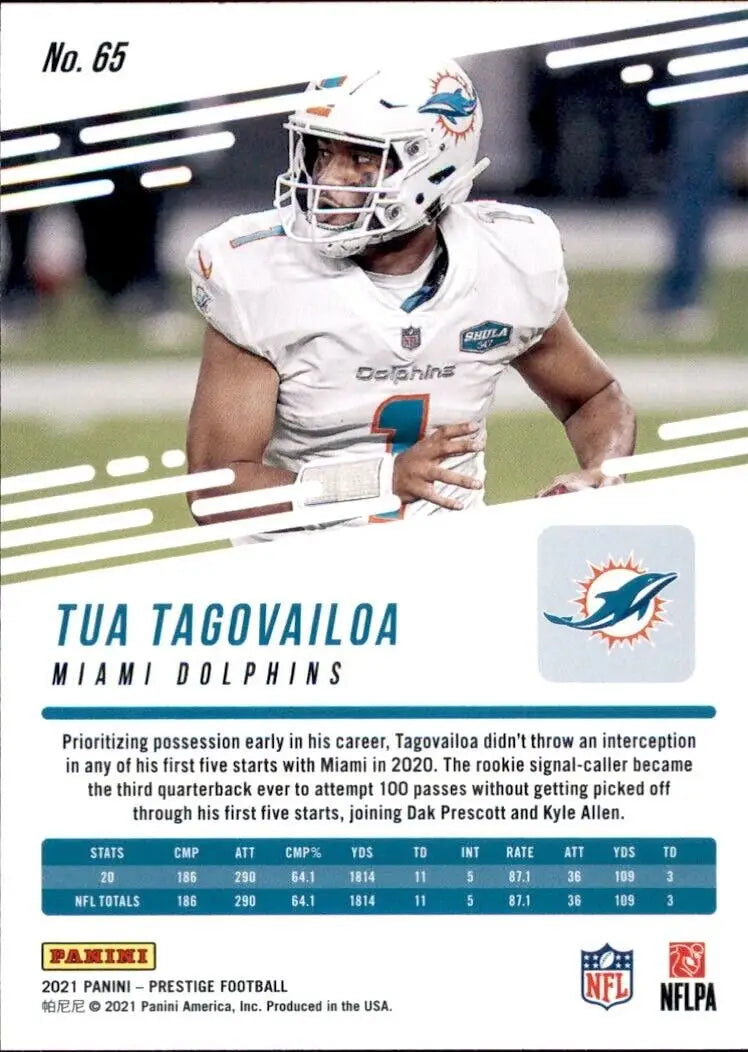 2021 Panini Prestige Tua Tagovailoa Miami Dolphins NFL Football Card #65 NM for collectors