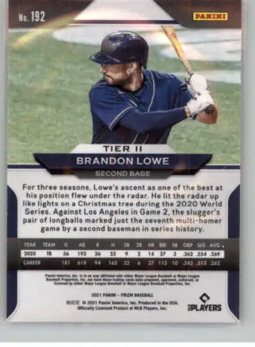 Brandon Lowe baseball card from 2021 Panini Prizm with original gloss finish